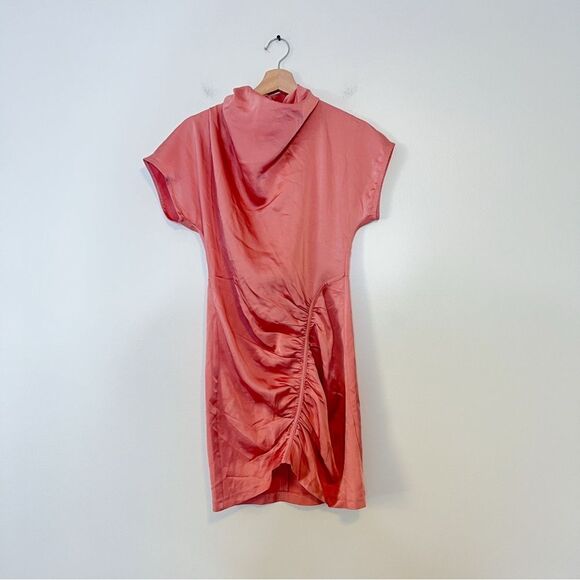 Anthropologie Ruched Asymmetrical Satin Mini Dress NEW Size 2 in Coral Pink - Picture 6 of 14